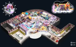 fairy-tale themed indoor playground with vibrant colors intended for children aged 2–12.