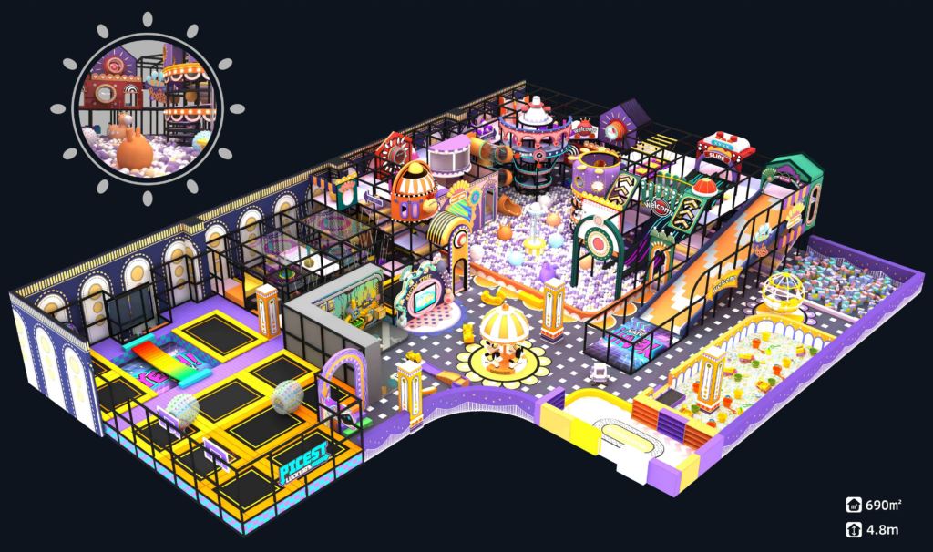 the indoor soft playground features integrated attractions including trampoline parks, ball pits, a large slide, and carousel rides