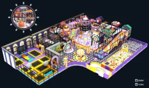 the indoor soft playground features integrated attractions including trampoline parks, ball pits, a large slide, and carousel rides