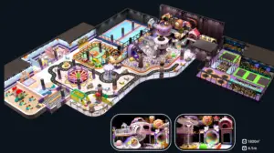 The play structure includes integrated trampoline parks, ball pits, multi-level climbing mazes, and electric kiddie rides.