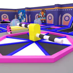 Parque de trampolines con obstáculo giratorio de brazos "wipeout" y colchonetas de salto multicolores