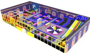 Gran parque de trampolines con múltiples zonas de salto, tobogán de colores del arcoíris y piscina de espuma.